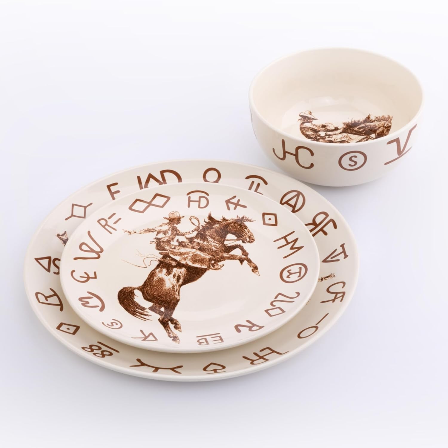 Broncs & Brands 12 Piece Dinnerware Set of Four Place Settings, Including Dinner Plates, Salad Plates, and Dinner Bowls