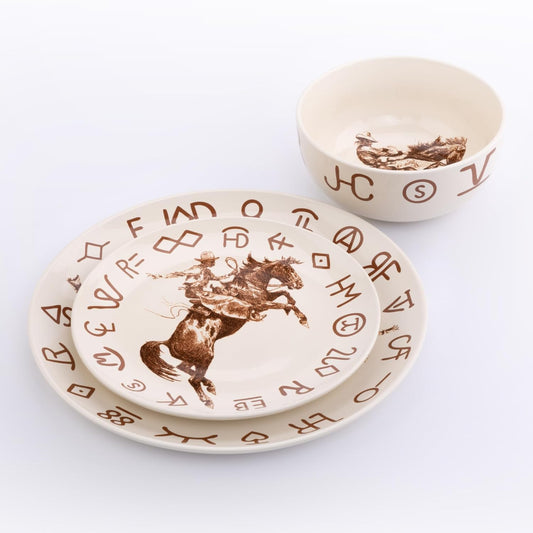 Broncs & Brands 12 Piece Dinnerware Set of Four Place Settings, Including Dinner Plates, Salad Plates, and Dinner Bowls