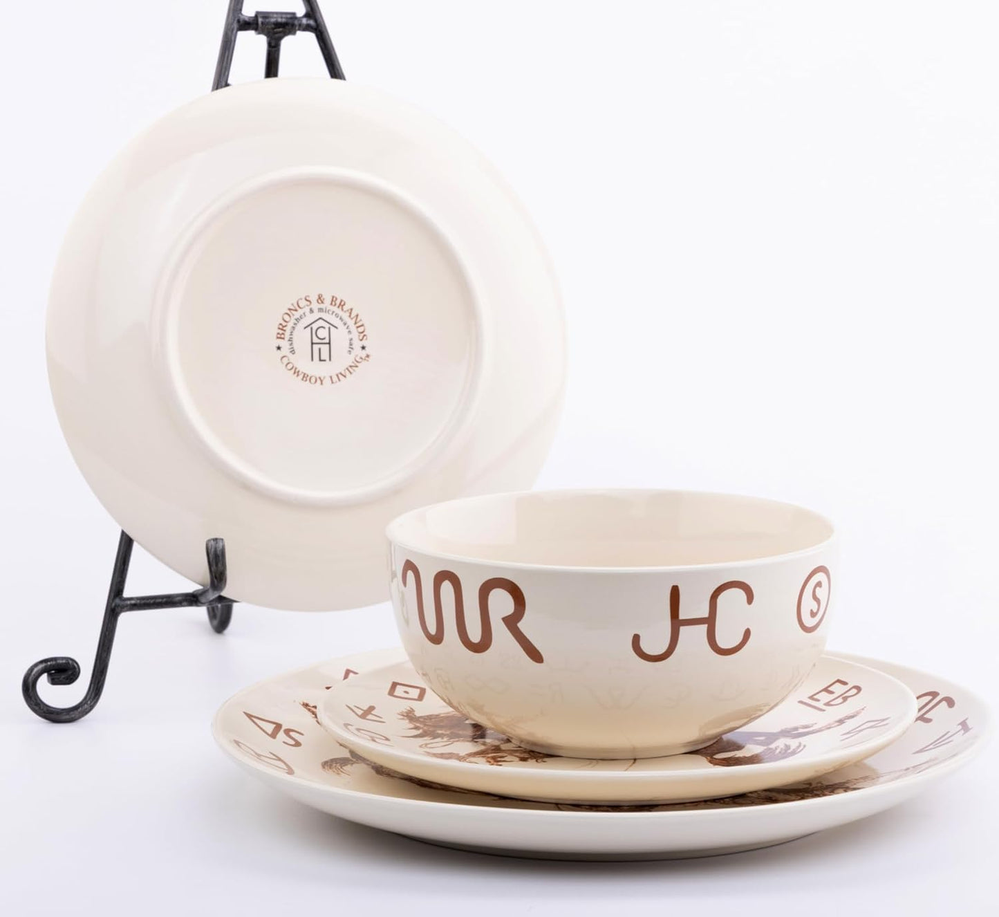 Broncs & Brands 12 Piece Dinnerware Set of Four Place Settings, Including Dinner Plates, Salad Plates, and Dinner Bowls