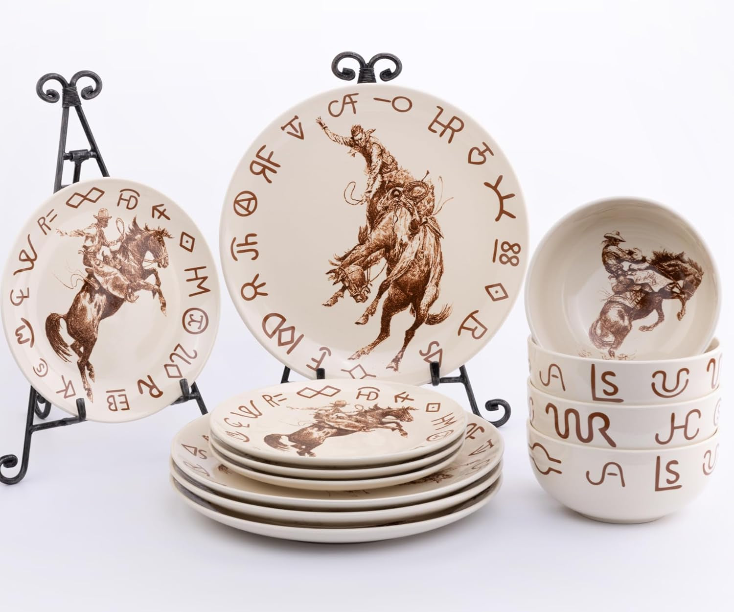 Broncs & Brands 12 Piece Dinnerware Set of Four Place Settings, Including Dinner Plates, Salad Plates, and Dinner Bowls