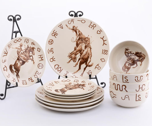 Broncs & Brands 12 Piece Dinnerware Set of Four Place Settings, Including Dinner Plates, Salad Plates, and Dinner Bowls